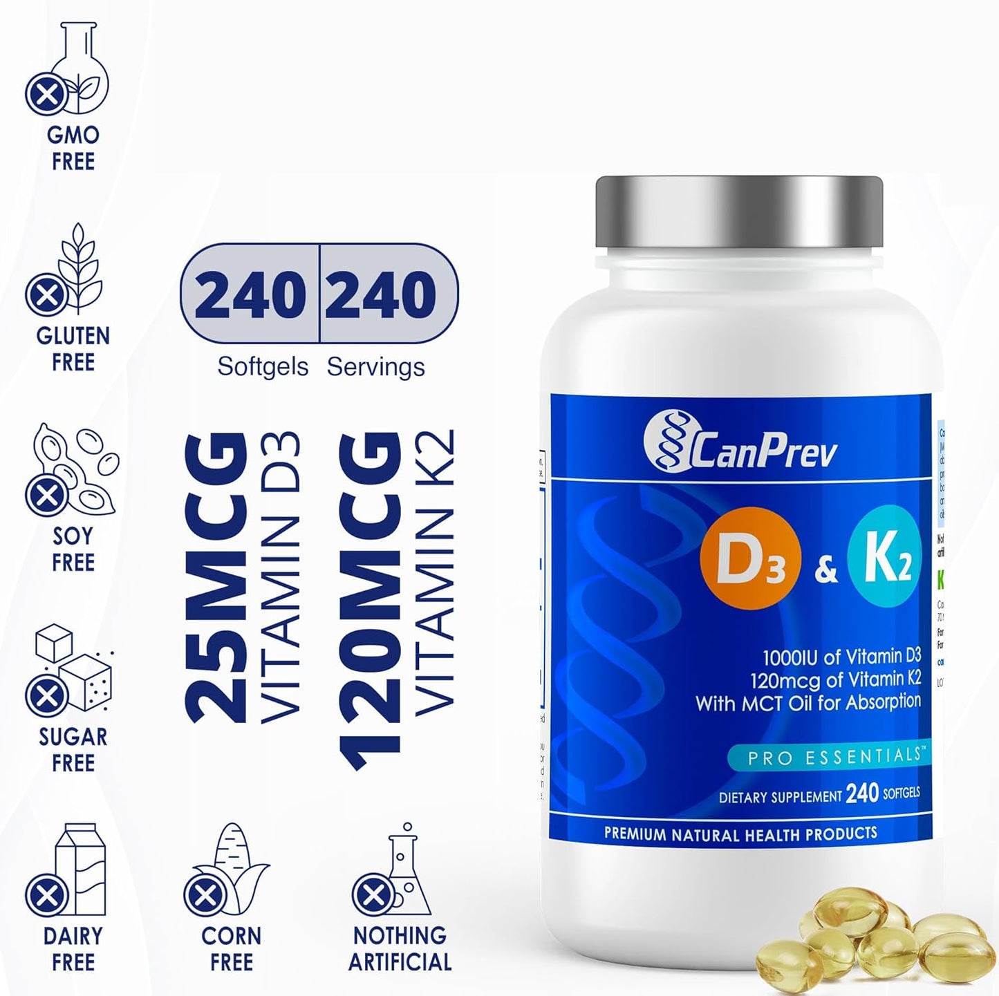 CanPrev D3 & K2 - Organic Coconut Oil (240 softgels)