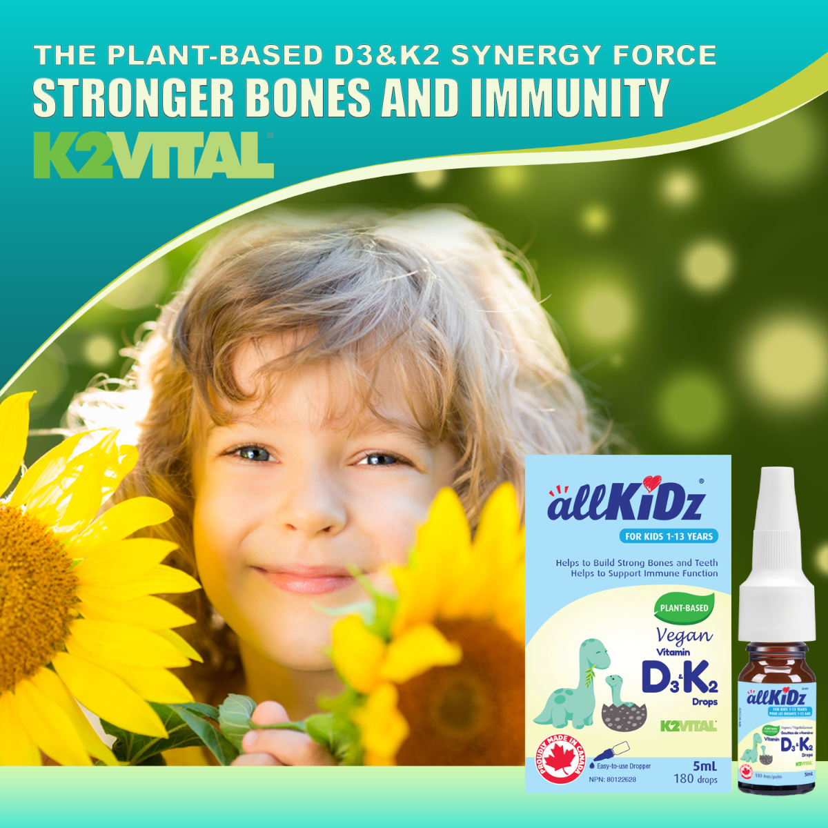 allKiDz® Vegan Vitamin D3 & K2 Drops – Plant-Based Bone & Immune Support