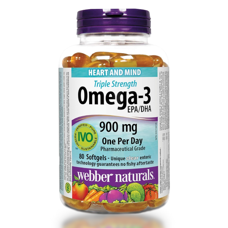 Webber Naturals Omega-3 900 mg Triple Strength, Clear Enteric No Fishy Aftertaste Softgels, Supports Cardiovascular Health and Brain Function
