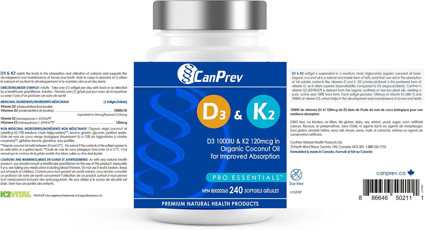 CanPrev D3 & K2 - Organic Coconut Oil (240 softgels)