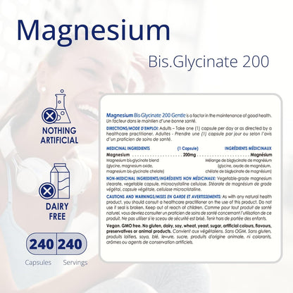 CanPrev Pure Magnesium Bisglycinate 200mg, Gentle, 240 V-Caps