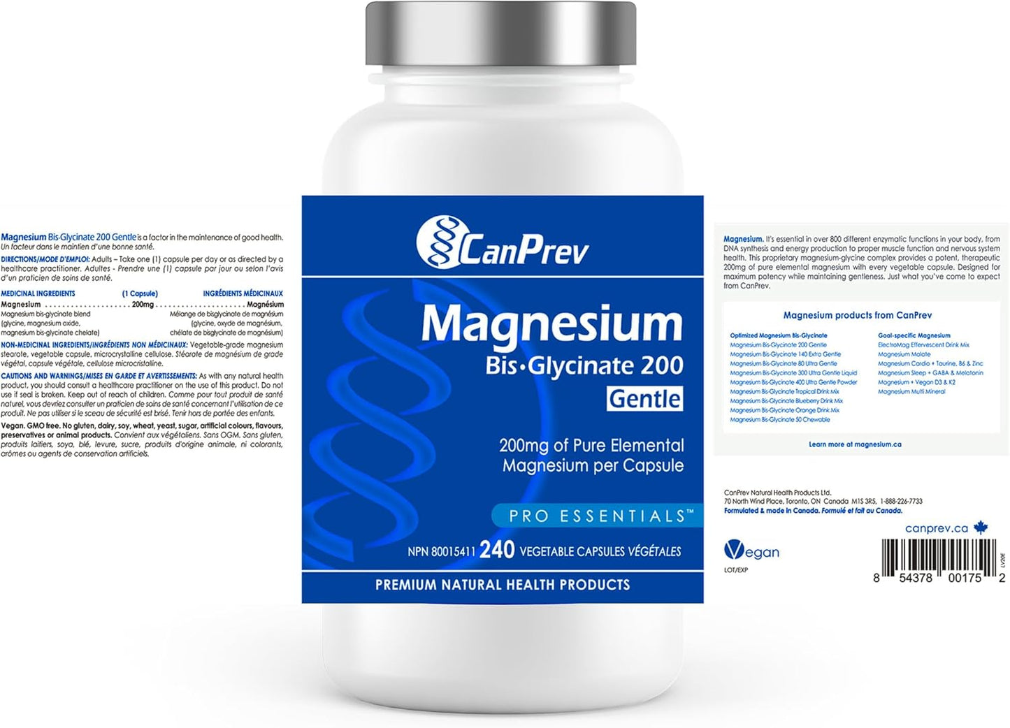 CanPrev Pure Magnesium Bisglycinate 200mg, Gentle, 240 V-Caps